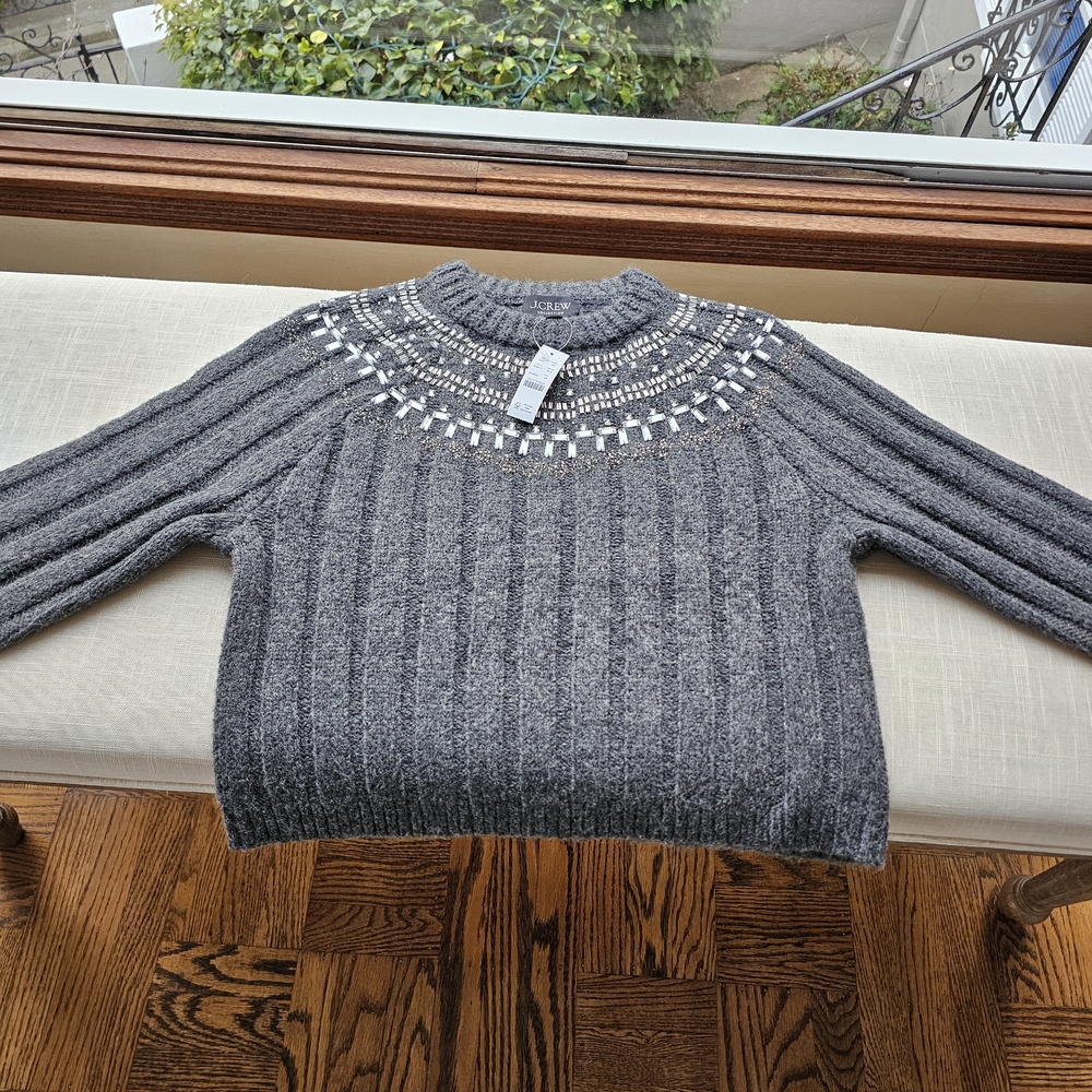 New! J. Crew Sz XS Gray Crystal Stone Fair Isle Wool Sweater NWT - Picture 5 of 13